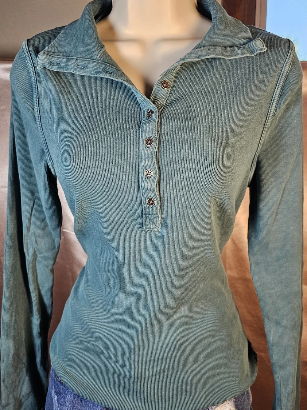 Free People We The Free Ribbed Henley Top Size Large Green Mineral Wash NWT